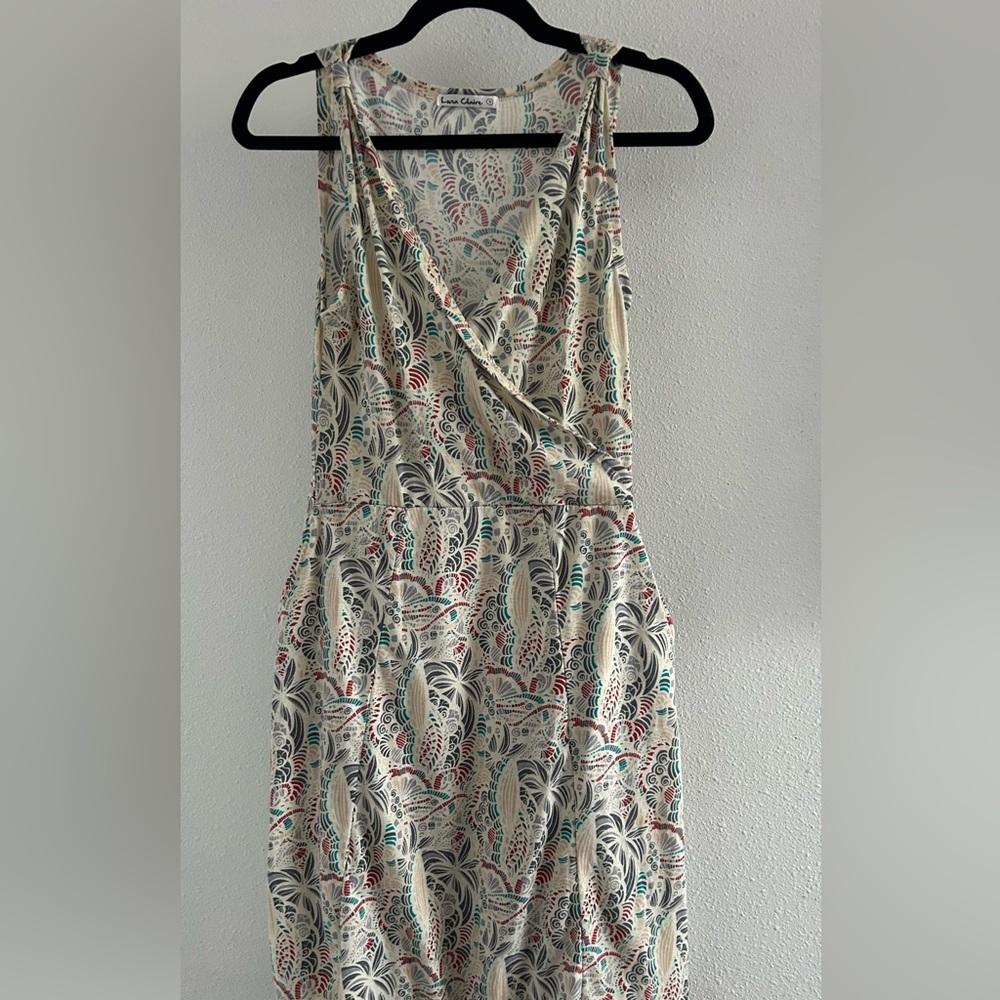 Luna Claire Cream Tropical Wrap Midi Dress with Green & Red Accents